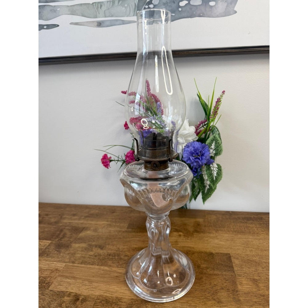 Antique Clear Glass Oil Lamp Eyebrow Font Brass Burner Tall Pedestal‎ Lamp
